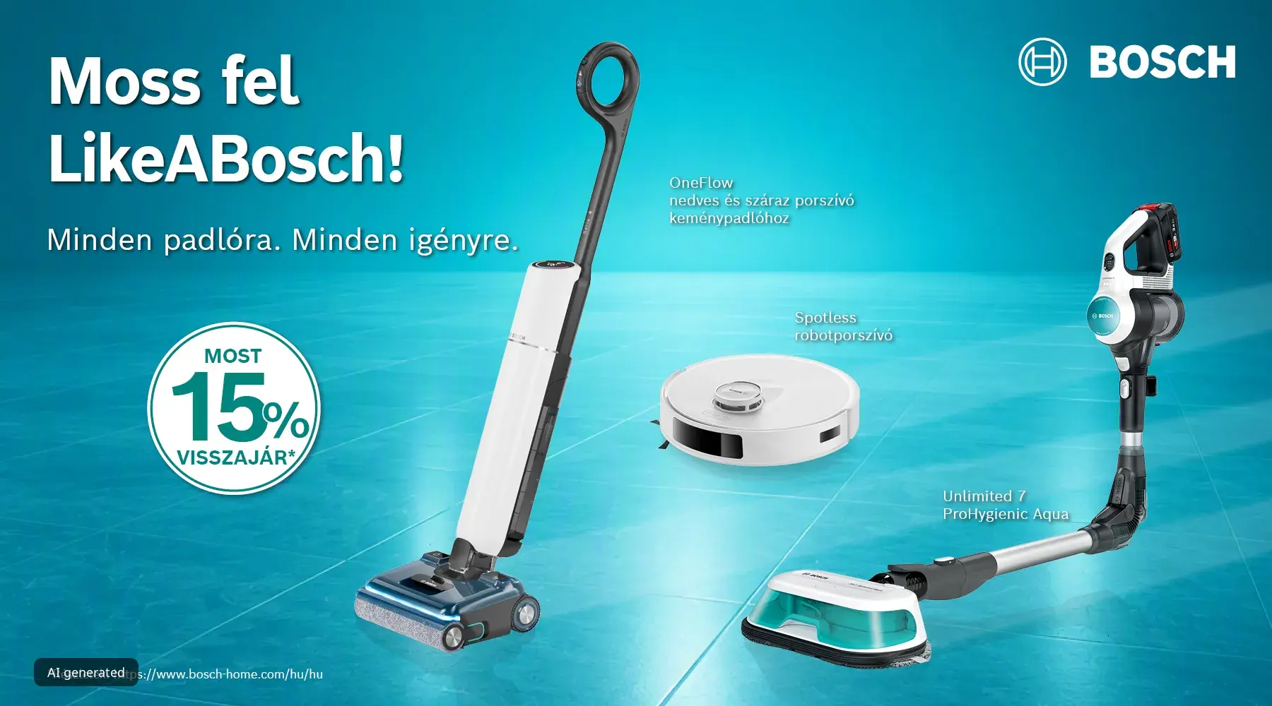 Bosch reklámgrafika. Égszínkék háttéren és kék, csillogóan tiszta járólapon látható Bisch robotporszívó, Unlimited vezetéknélküli porszívó és felsmosó, és az új Floorwasher nedves-száraz keménypadló tisztító egy 15% pénzvisszatérítés  fehér piktóval.