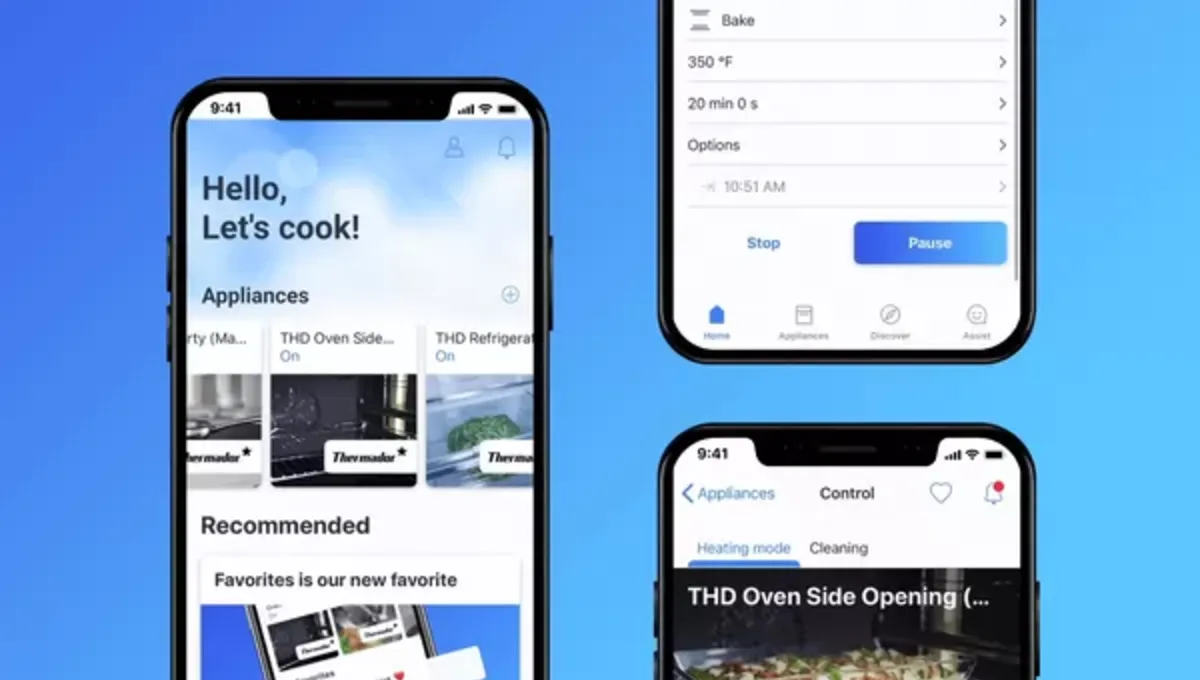 Screenshots of a smart kitchen app showing appliance control and recommended recipes on a smartphone.