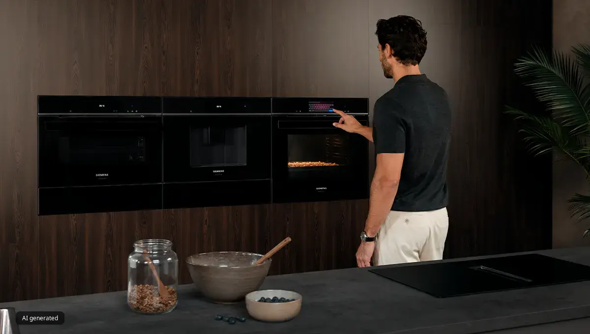 Man in a dark shirt using a touchscreen on a wall-mounted Siemens oven in a modern kitchen with bowls and a jar on the counter.