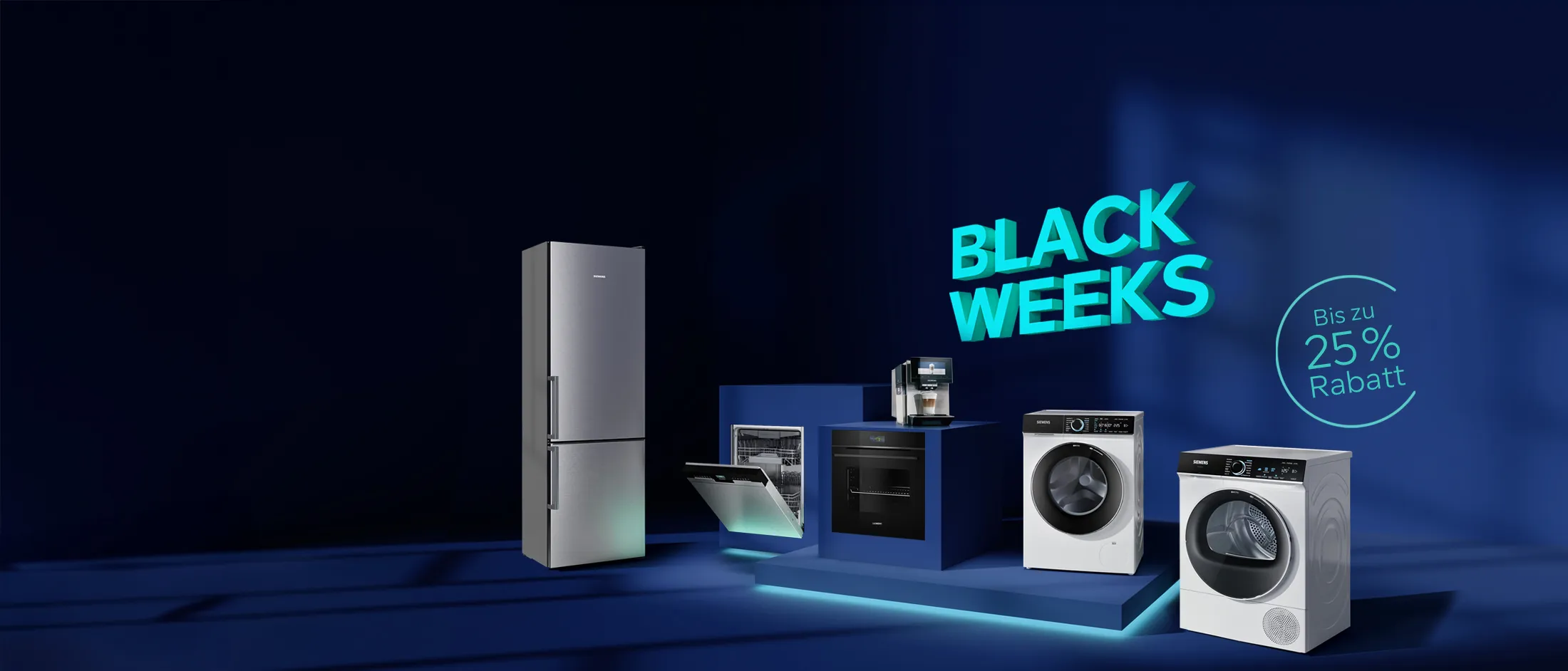 Dunkelblauer Raum mit Hausgeräten von Siemens und dem Hinweis auf die aktuelle Black Weeks Aktion mit bis zu 25 % Rabatt im Siemens Online Shop