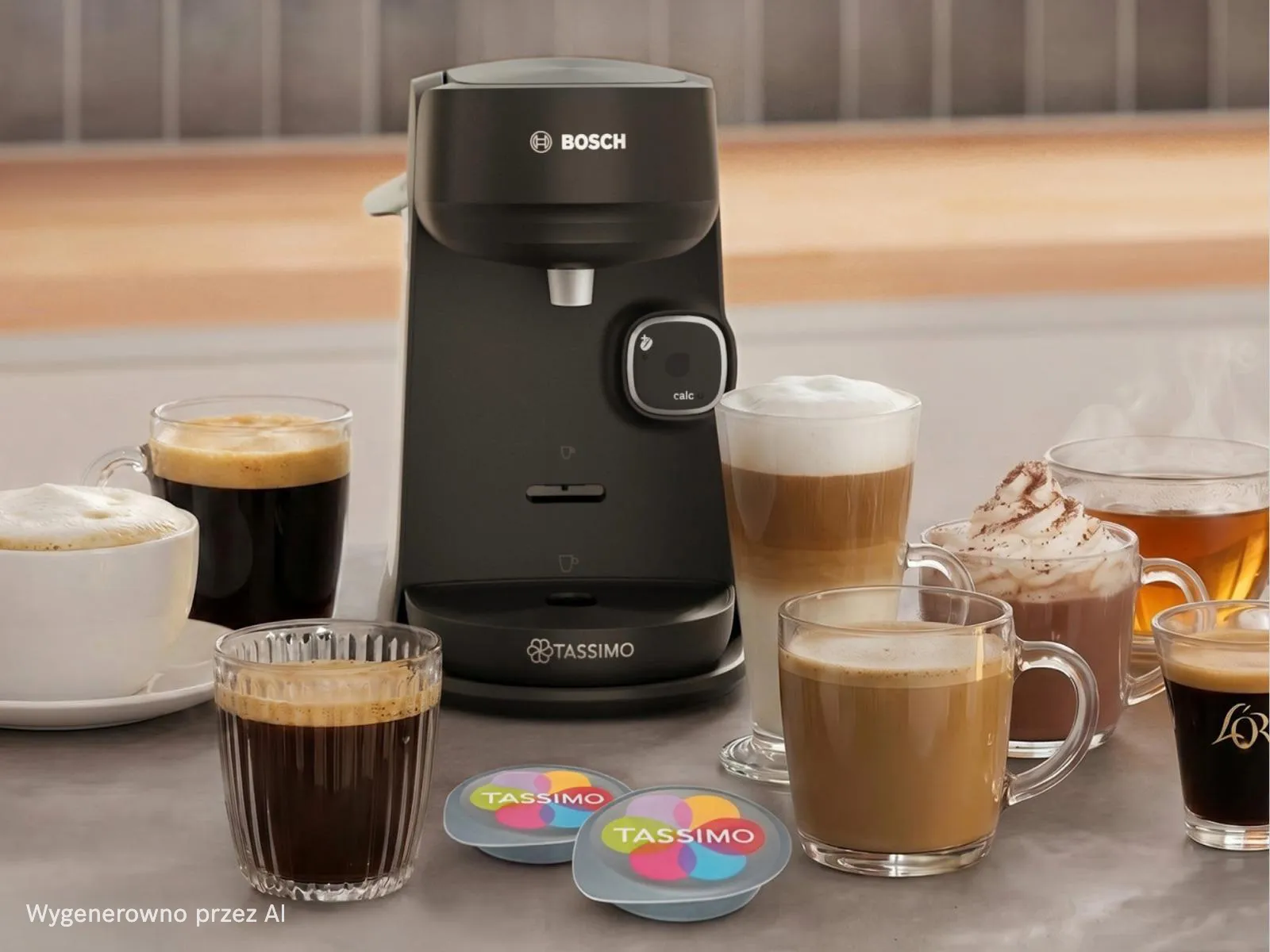 Ekspres kapsułkowy Bosch TASSIMO Harmony otoczony szklankami z espresso, americano, cappuccino, latte i herbatą, z wyeksponowanymi z przodu kapsułkami T-DISC.