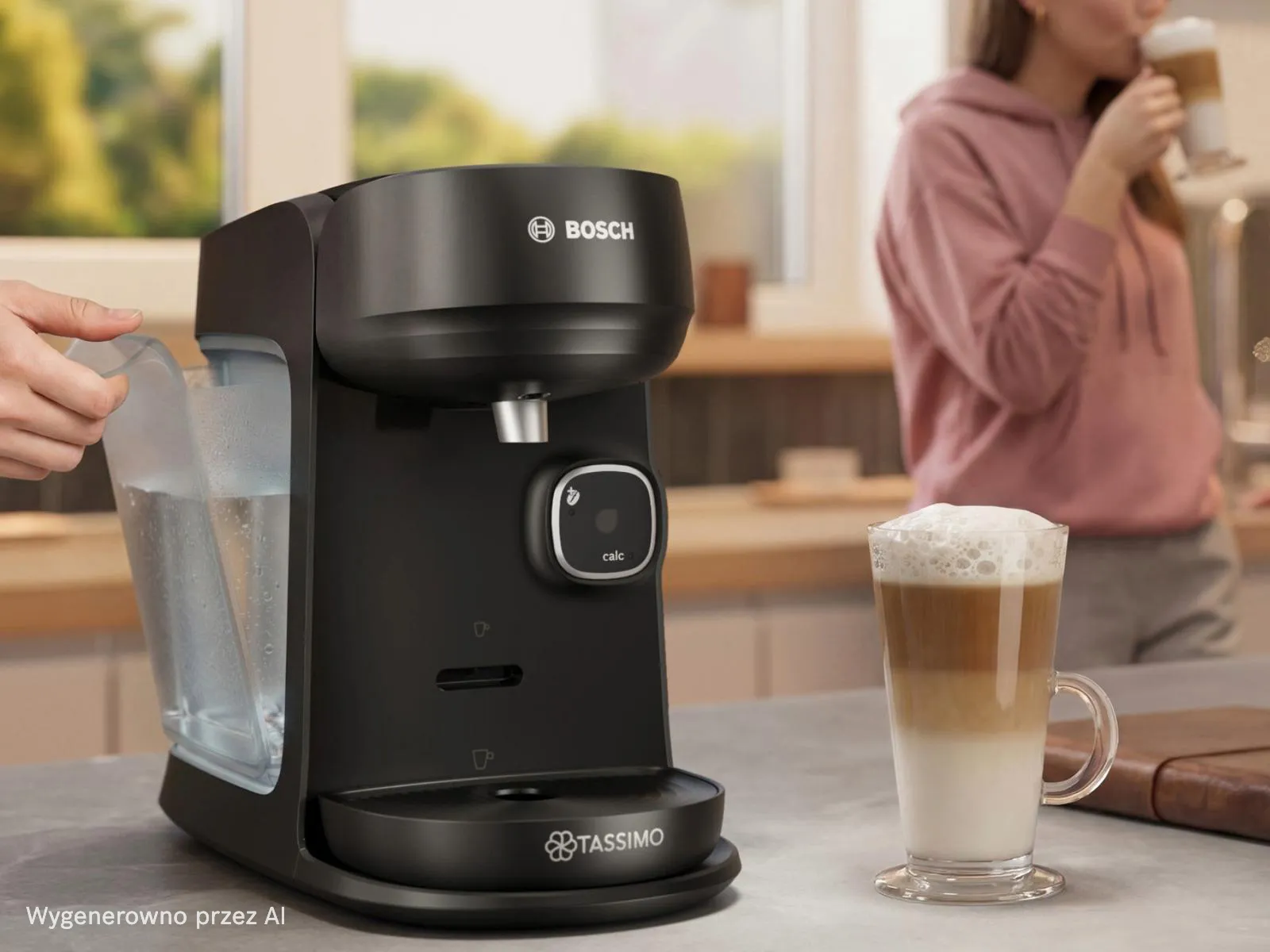 Ekspres kapsułkowy Bosch TASSIMO Harmony przygotowujący latte macchiato, w tle kobieta trzymająca szklankę latte macchiato w kuchni.