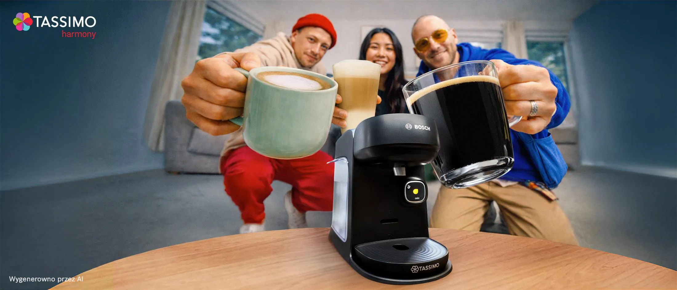 Trzy osoby w domu wznoszące filiżanki z espresso, cappuccino i latte macchiato przygotowanymi w ekspresie Bosch TASSIMO Harmony