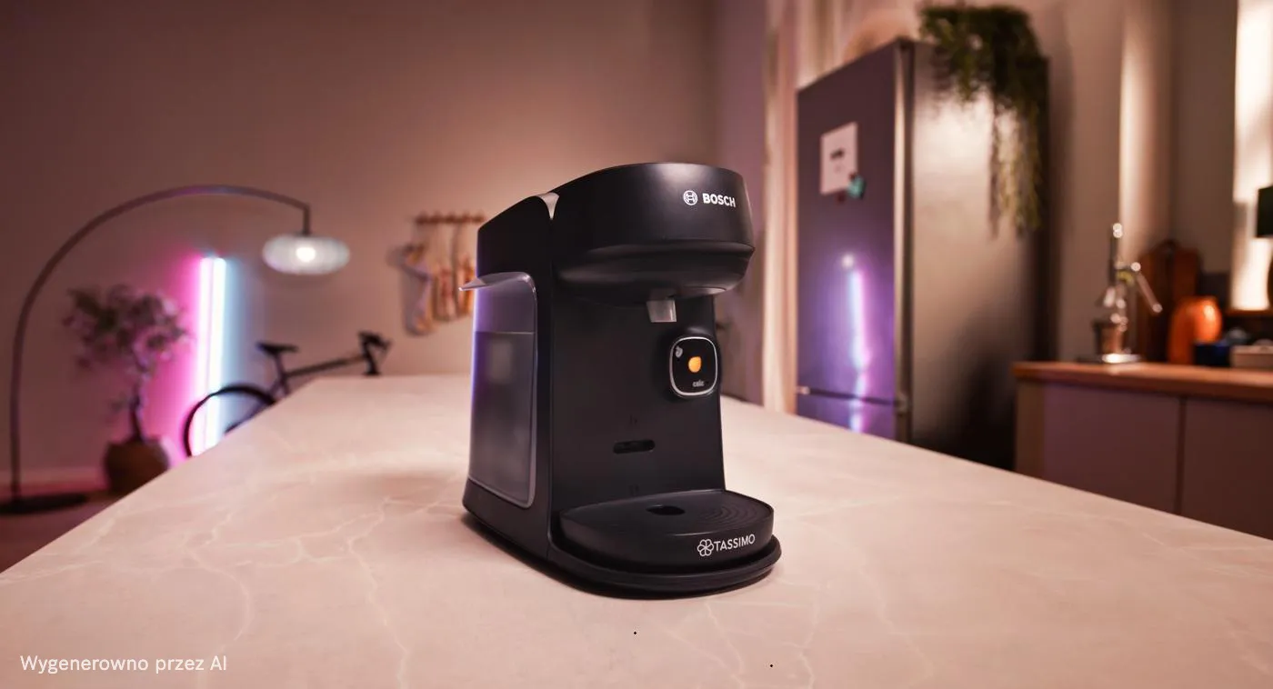 Ekspres do kawy Bosch Tassimo o nowoczesnym designie na blacie kuchennym.