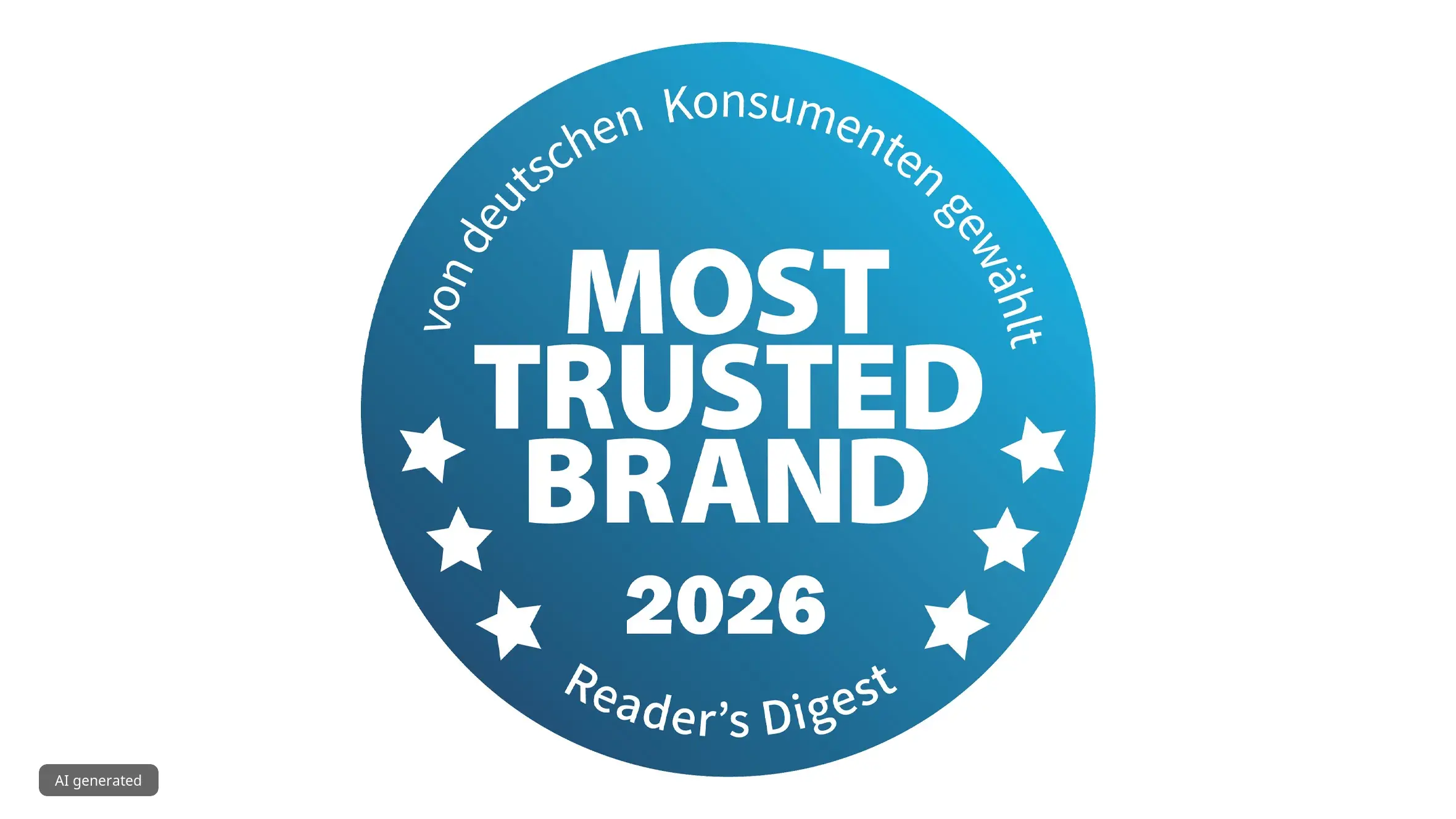 Blaues Abzeichen mit „Most Trusted Brand 2026“ von Reader’s Digest – zeigt das Verbrauchervertrauen in Deutschland.
