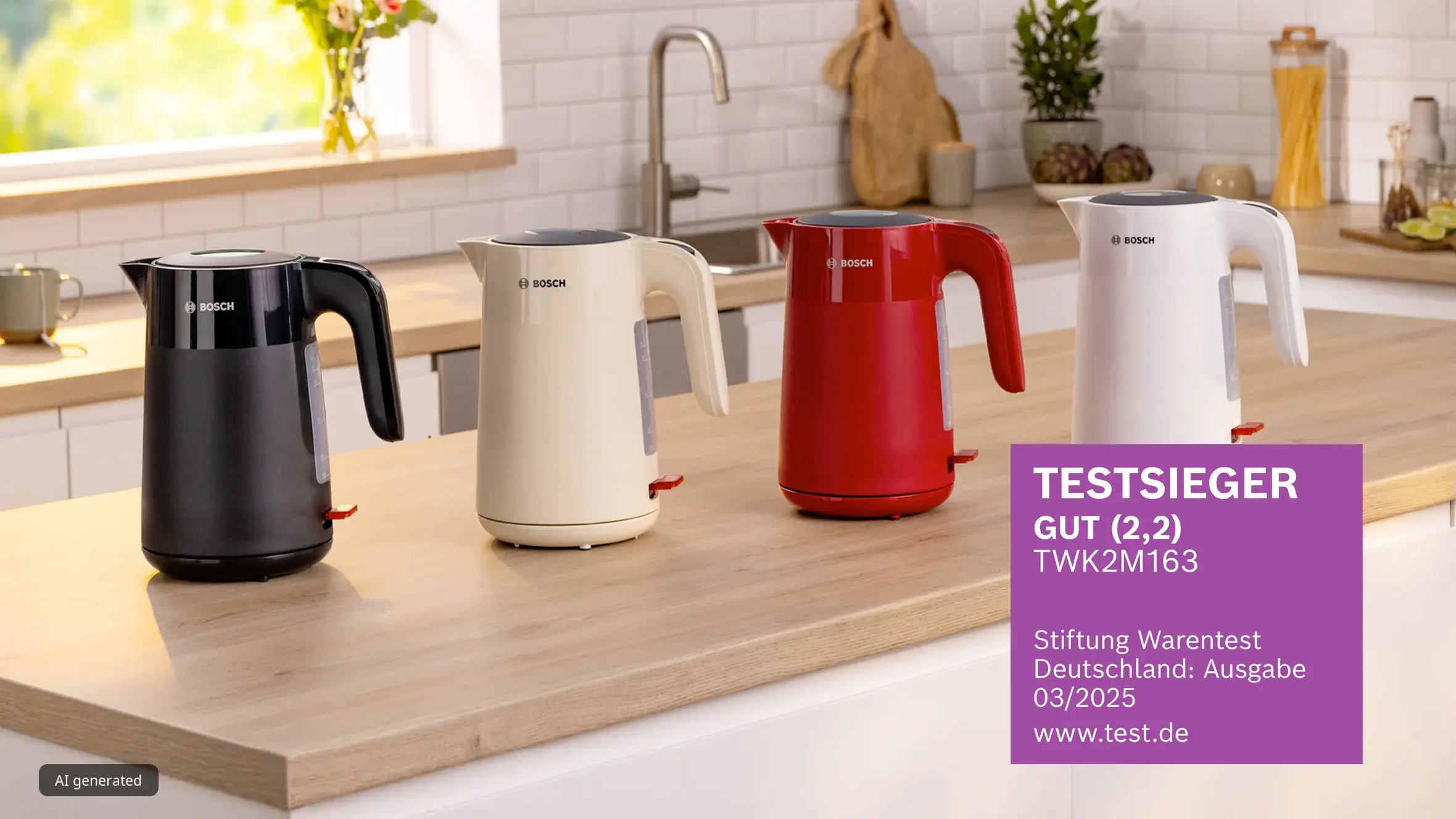 Bosch MyMoment Wasserkocher in Schwarz, Rot, Weiß und Creme auf einer Küchenarbeitsplatte.