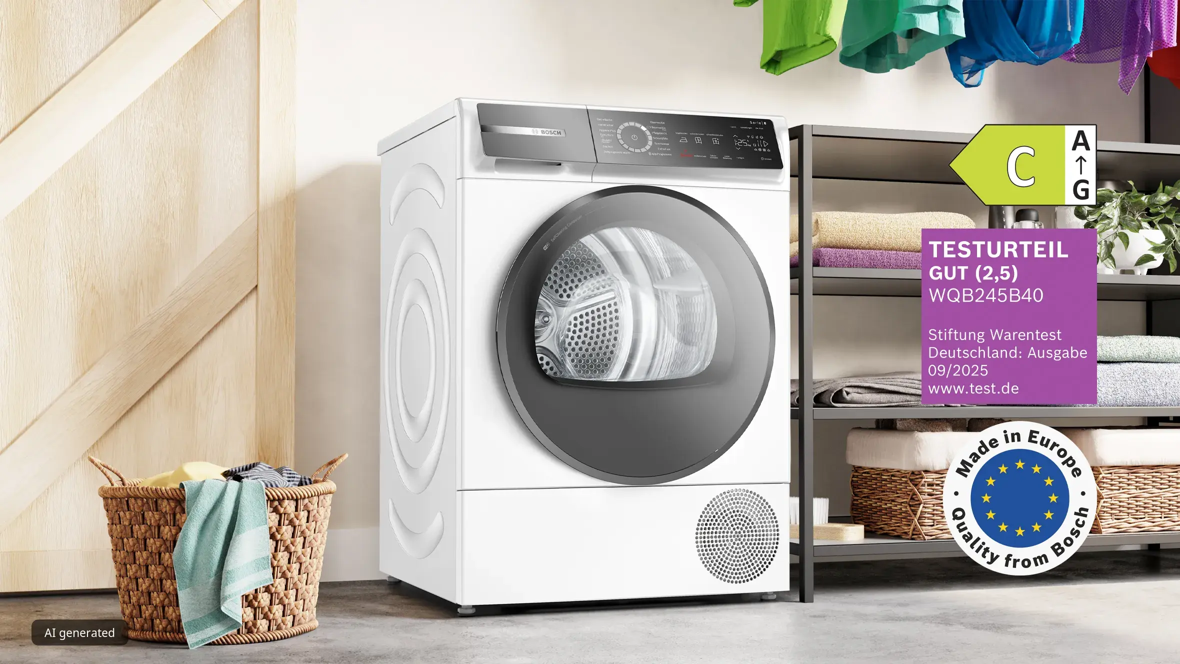 Bosch Wäschetrockner WQB245B40 mit Energieeffizienzklasse C und Stiftung Warentest Auszeichnung.