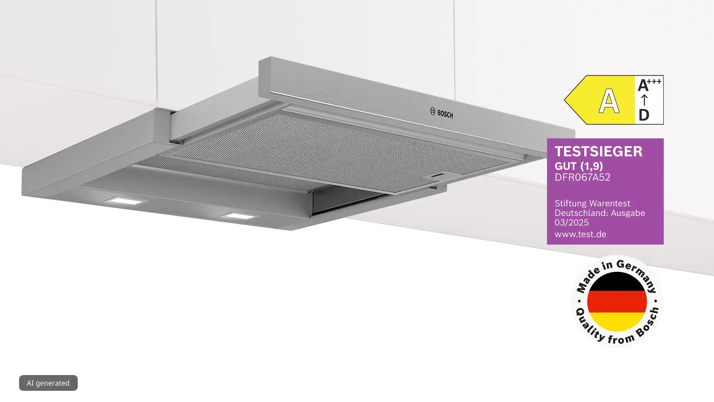 Edelstahl BOSCH Teleskophaube der Serie 4 unter einem Hängeschrank in einer Küche, ausgezeichnet von Stiftung Warentest.