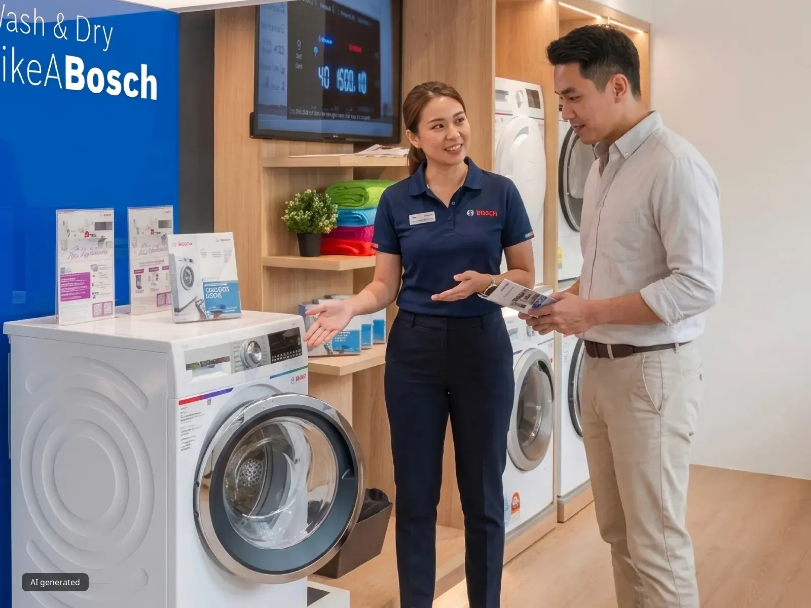 A Bosch staff member presenting a front-load washing machine to a male customer inside a Bosch home appliance showroom.