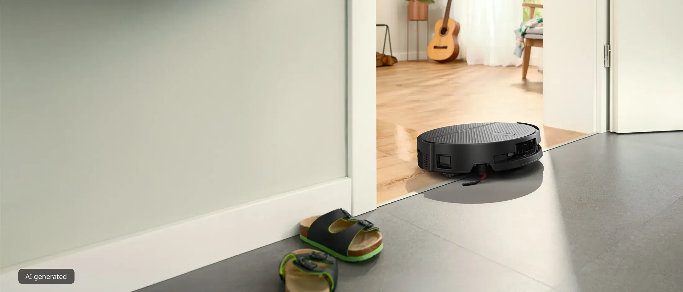 The Spotless 2 navigates a threshold, moving between a tiled and a wooden floor.