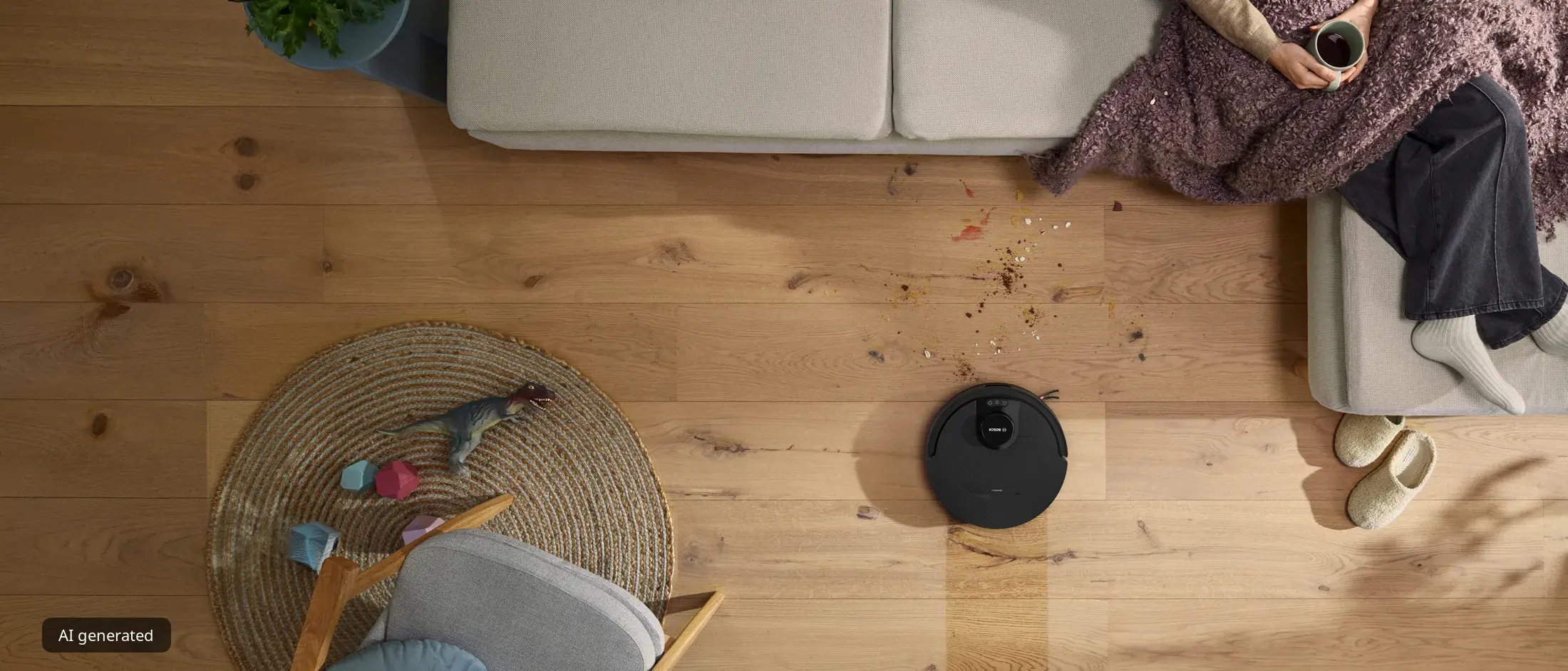 A person relaxes on a sofa with a warm drink while the white Spotless 2 robot vacuum cleans crumbs from the wooden floor below.