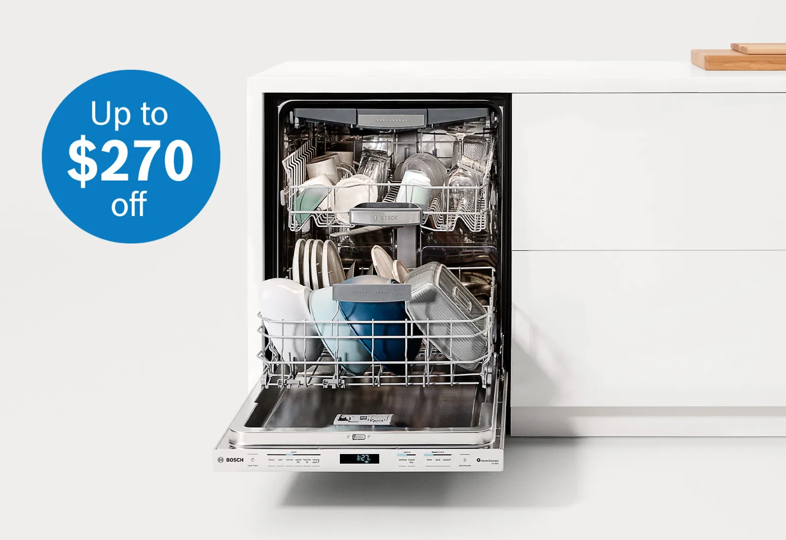 Bosch dishwasher opened with racks filled with dishes up to $270 off