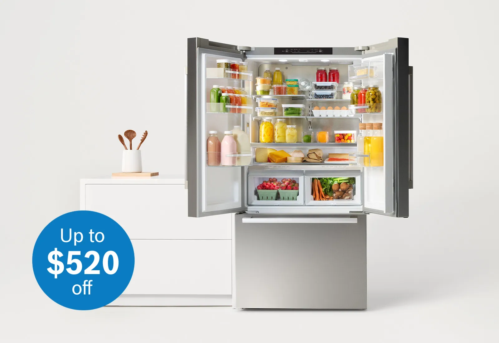Bosch Modern stainless steel kitchen refrigerator opened, up to $520 off