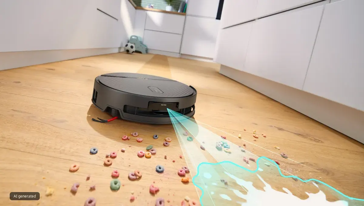 Bosch Saugroboter mit Wischfunktion scannt Müsli-Krümel auf Boden.