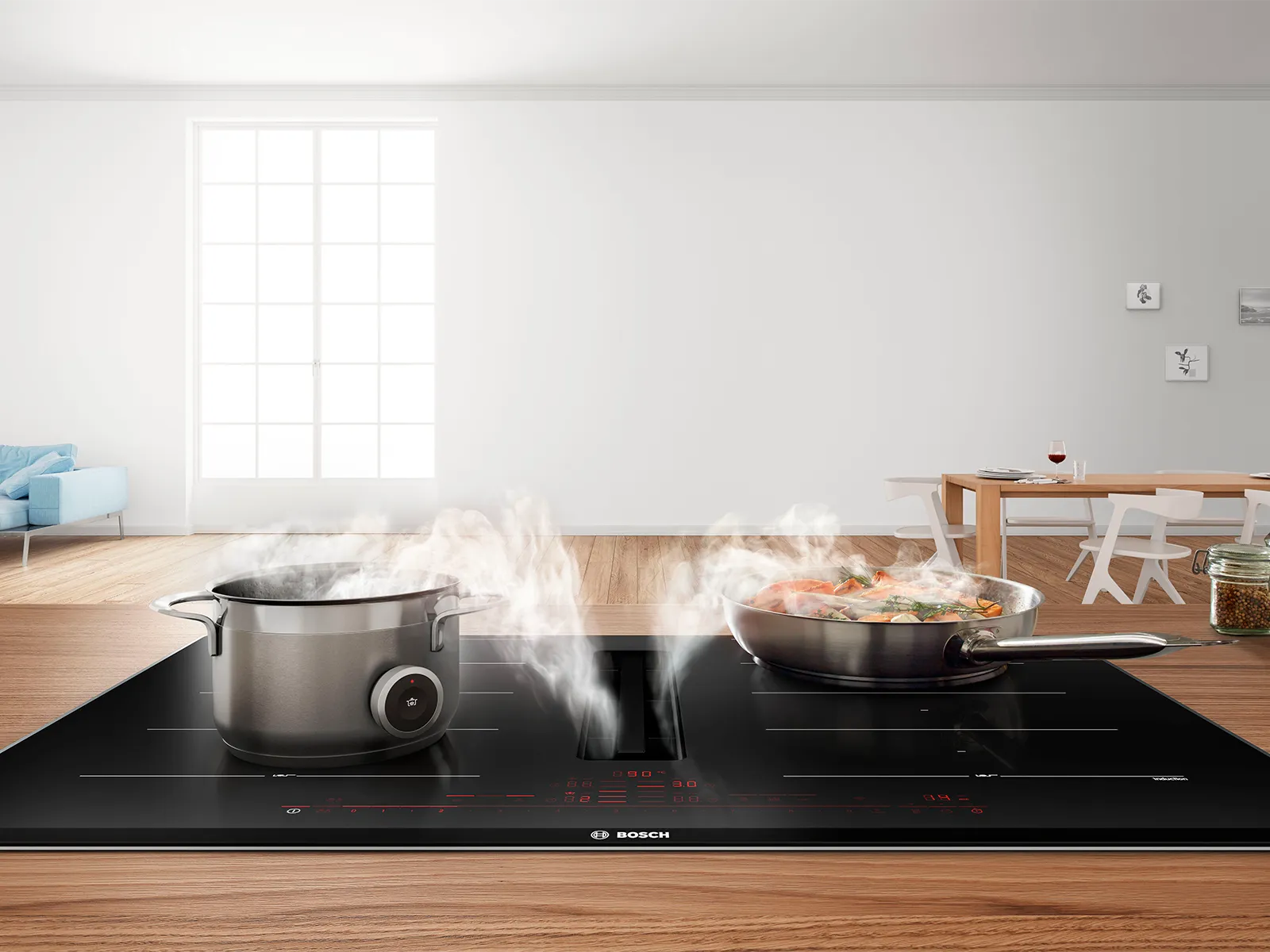 Cocina moderna con electrodomésticos de cocina, mesa de madera y una ventana luminosa.