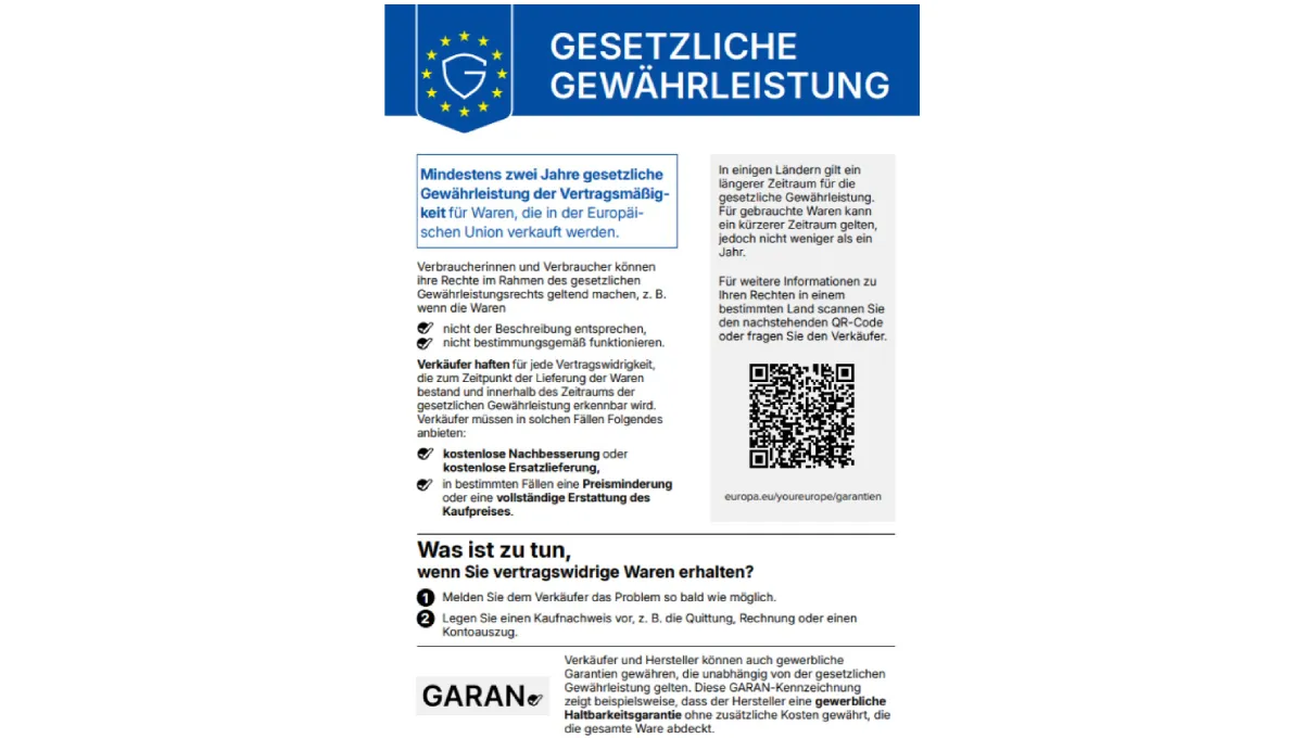 Etikett mit Angaben zur zweijährigen gesetzlichen Gewährleistung für in der Europäischen Union verkaufte Waren, versehen mit einem QR-Code.