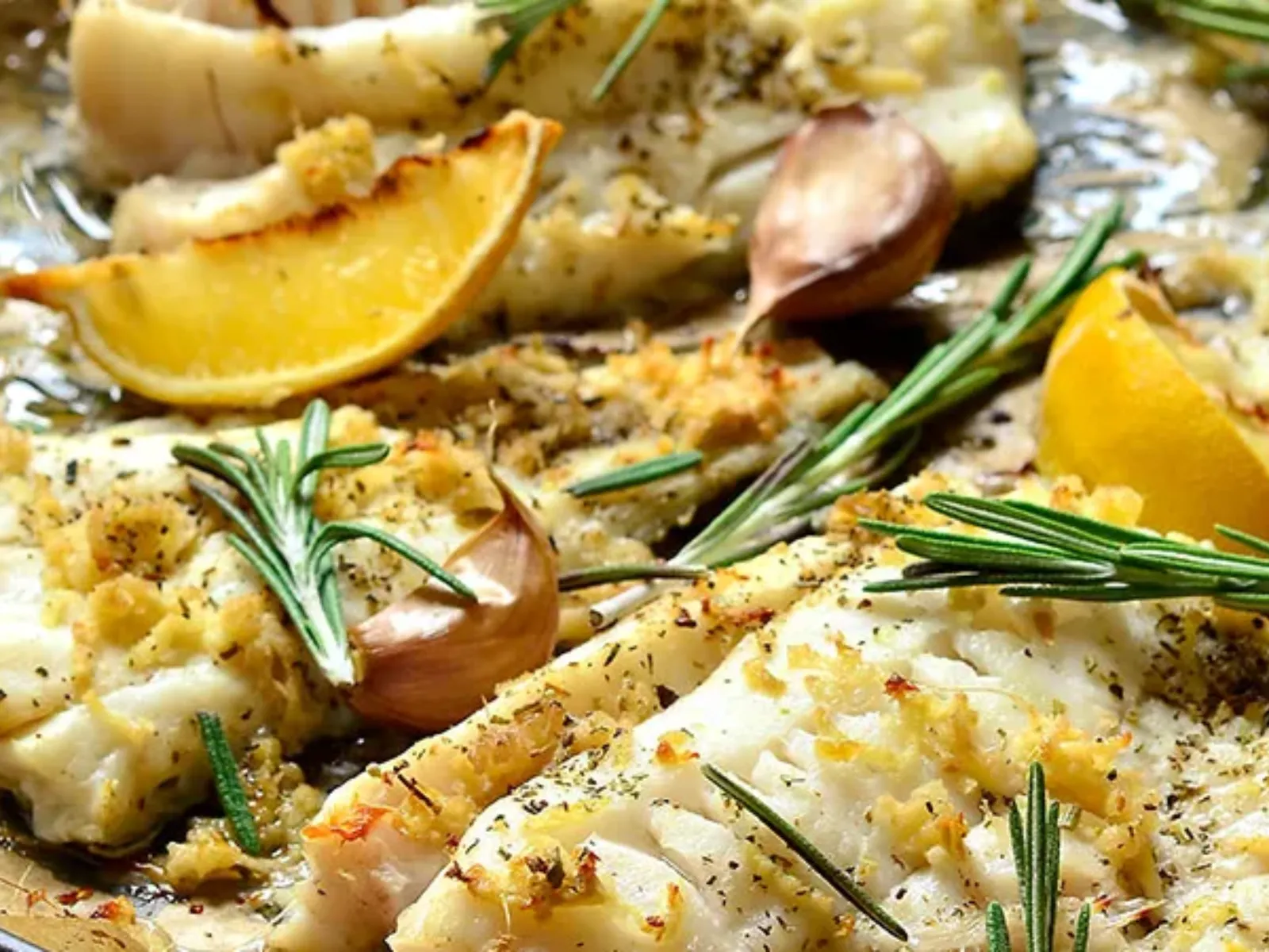 Primo piano di filetti di pesce bianco al forno guarniti con aglio, rosmarino, pepe nero e spicchi di limone.