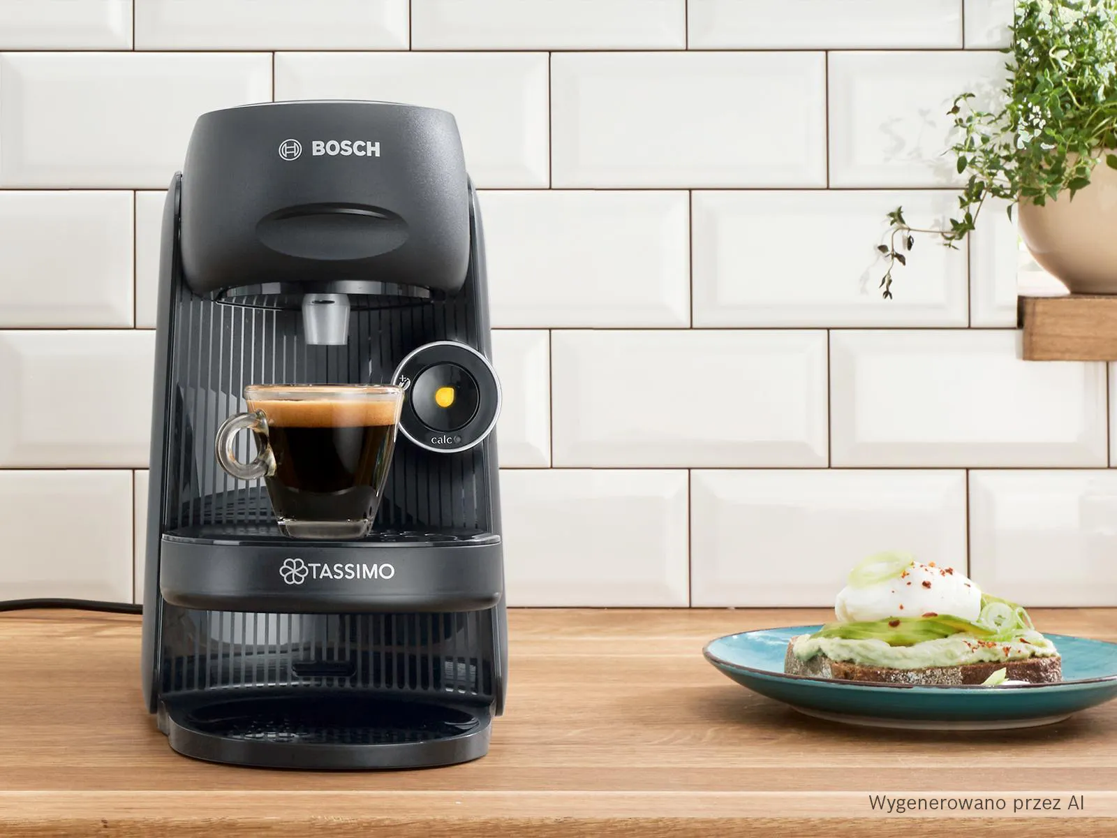 TASSIMO FINESSE przyjazny na blacie kuchennym z filiżanką espresso.