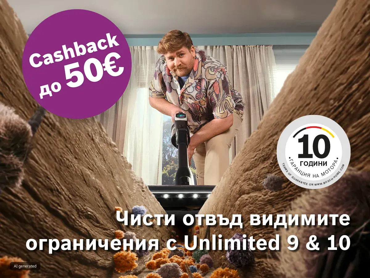 Мъж почиства с прахосмукачка Unlimited те очаква. Лилаво лого за  50 € cashback