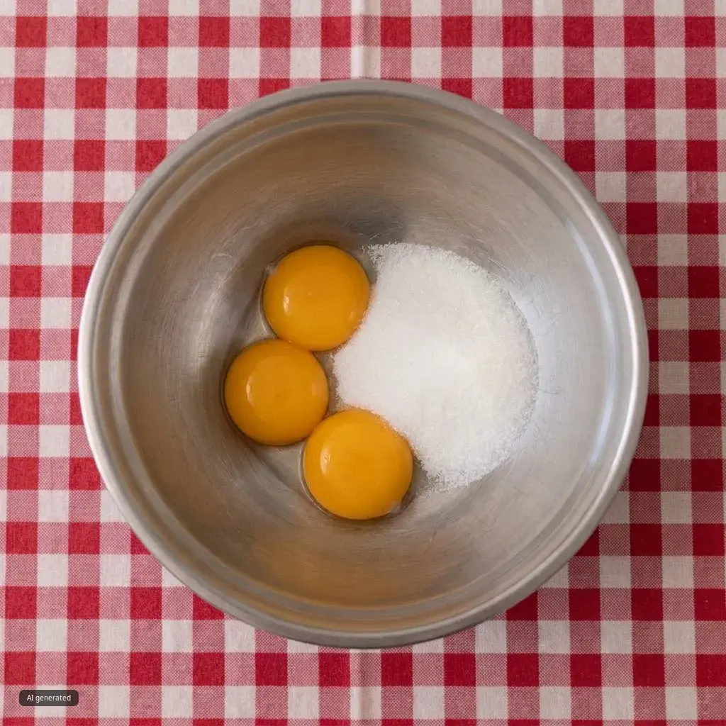 The image shows a stainless steel mixing bowl with 3 egg yolks and 20g sugar. 