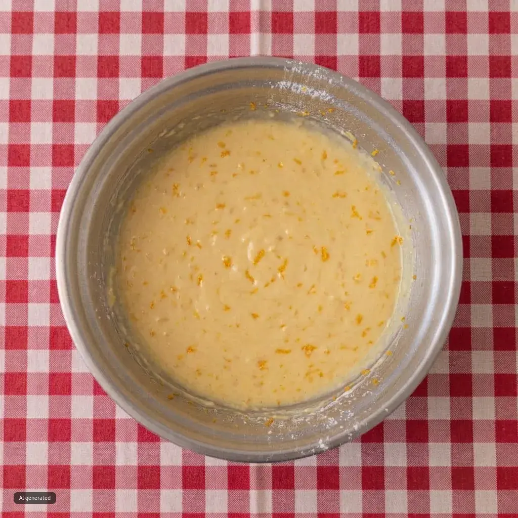 Image shows a stainless steel mixing bowl with chiffon cake mixture and topped with orange zest