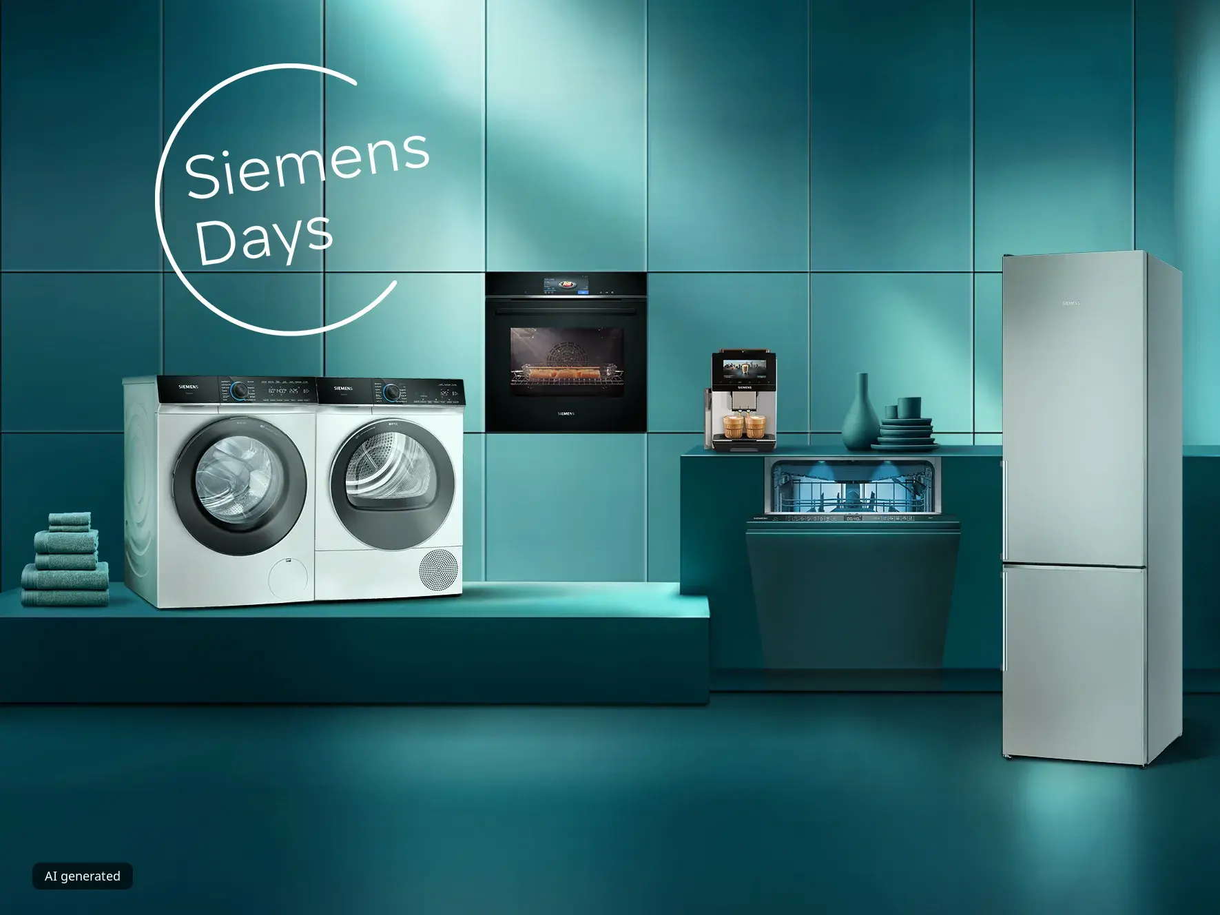 Raum mit petrolfarbenen Wänden und Boden zeigt Siemens Waschmaschine und Wäschetrockner, Einbaubackofen, geöffneten Geschirrspüler mit Geschirr, freistehenden Kühlschrank und Kaffeevollautomaten. Rechts oben steht der Schriftzug „Siemens Days“.