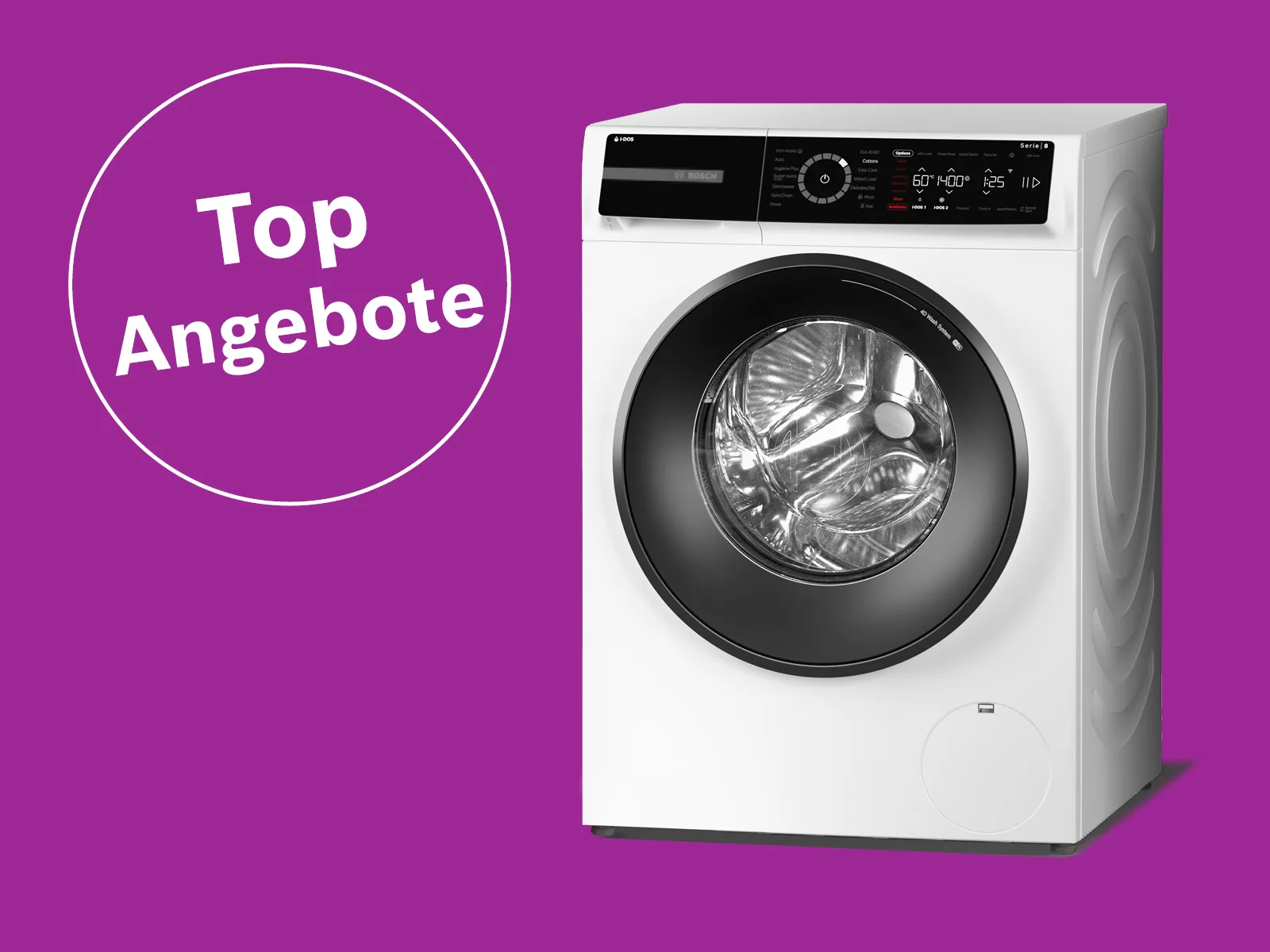 Bosch Waschmaschine auf violettem Hintergrund. Links steht in einem weißen Kreis „Top Angebote“.