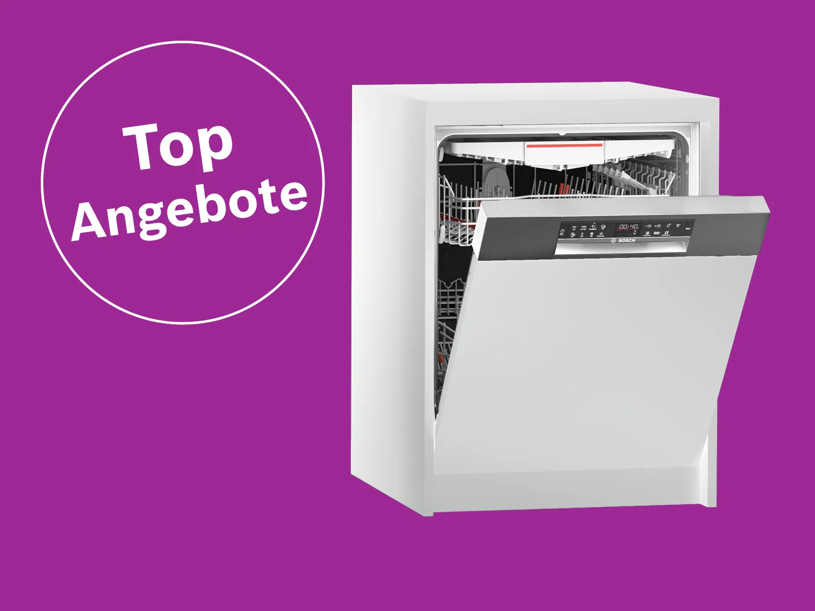 Bosch Geschirrspüler mit geöffneter Tür auf violettem Hintergrund. Links steht in einem weißen Kreis „Top Angebote“.