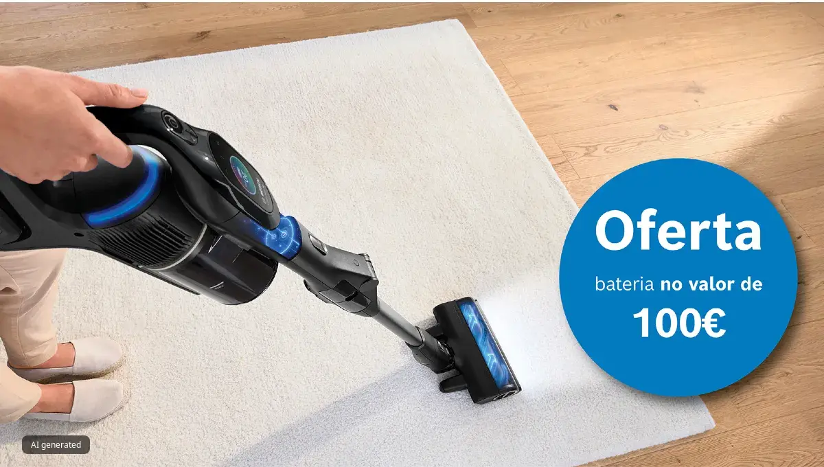 Pessoa aspirando tapete branco com aspirador sem fio - oferta bateria 100€
