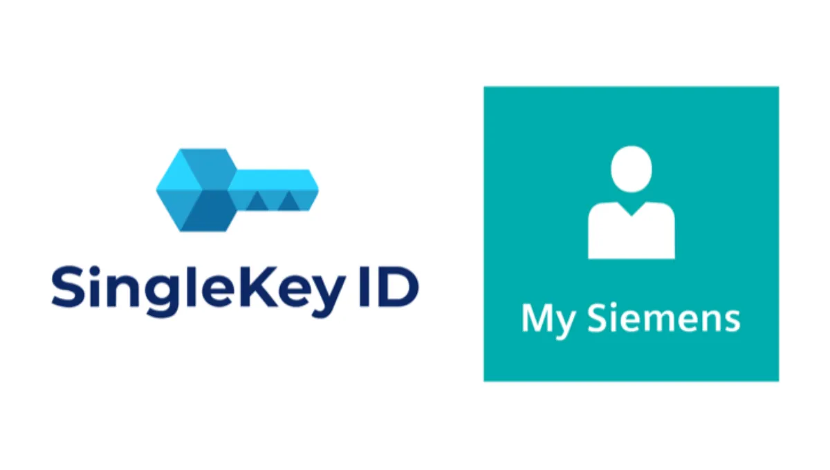 Logos von SingleKey ID (blauer Schlüssel) und My Siemens (Person) auf türkisfarbenem Hintergrund.