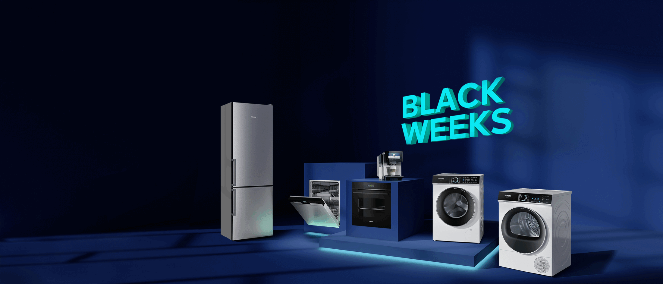Dunkelblauer Raum mit Hausgeräten von Siemens und dem Hinweis auf die aktuelle Black Weeks Aktion mit bis zu 25 % Rabatt im Siemens Online Shop