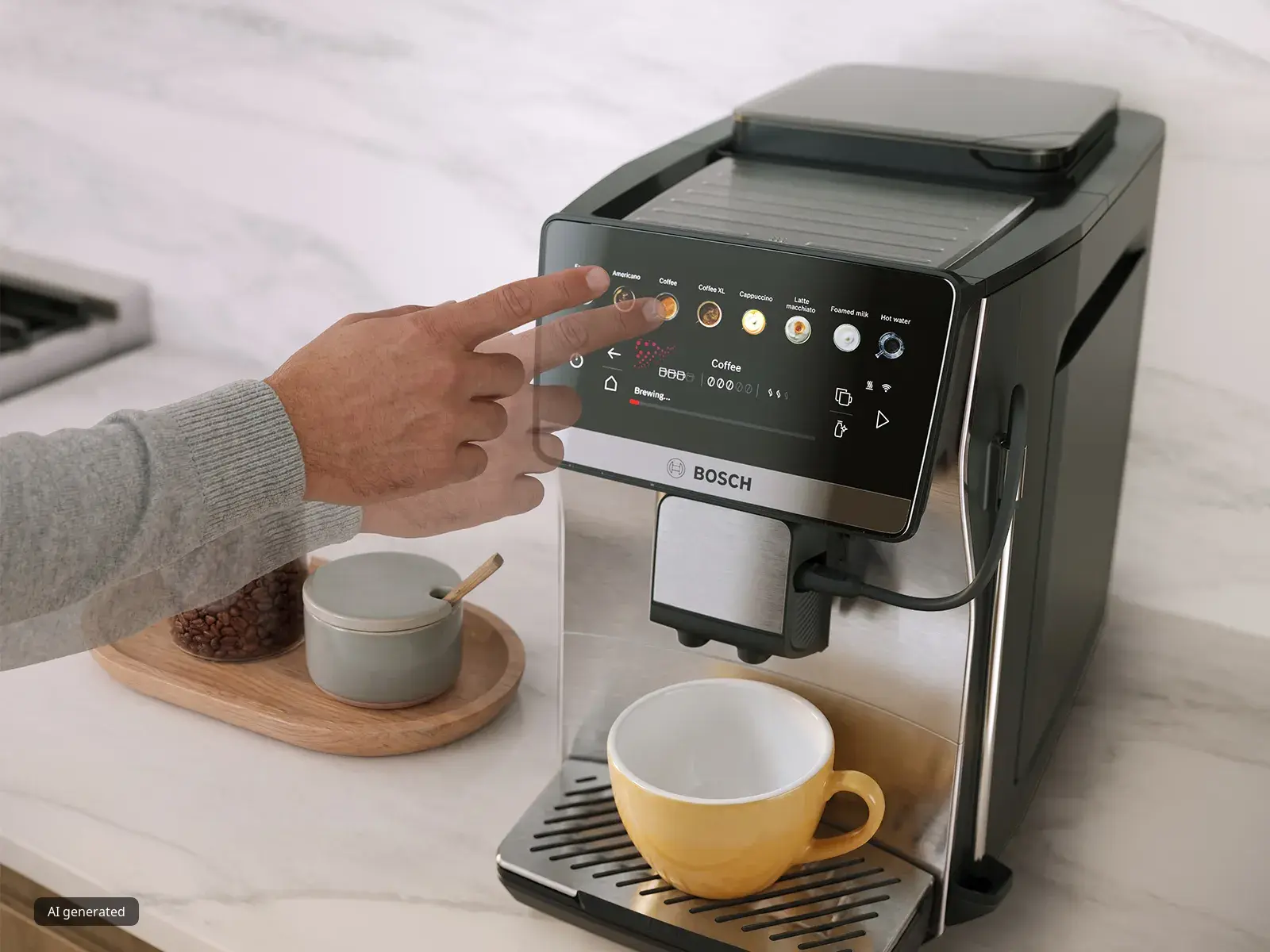 Person using a touchscreen on a Bosch coffee machine next to a coffee cup, sugar bowl, and wooden tray on a marble counter.