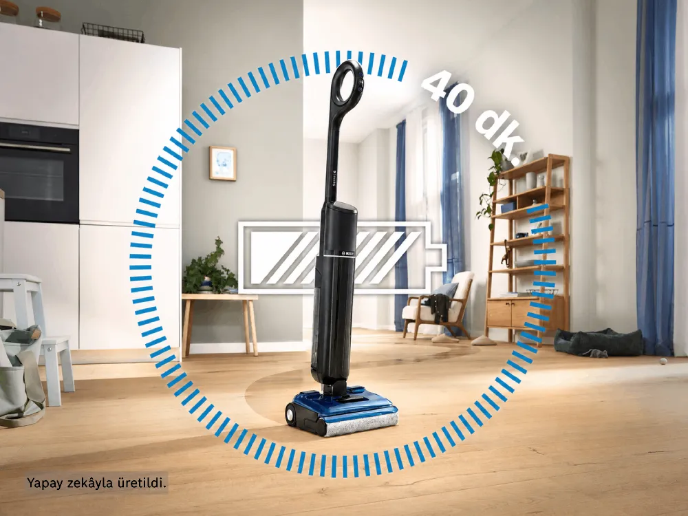 The Bosch Floor Washer stands in a living room, with symbols marking how long the battery lasts.