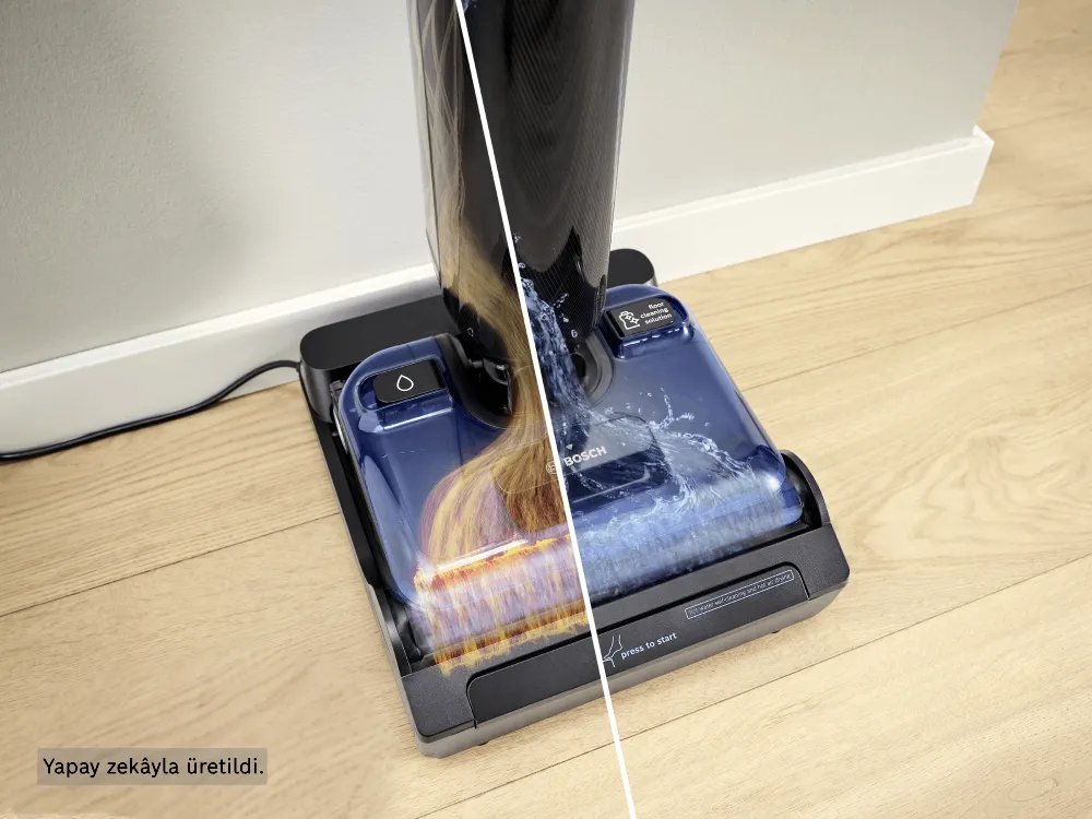 The Bosch Floor Washer is shown from above, with the self-cleaning system at work while in the charging station.