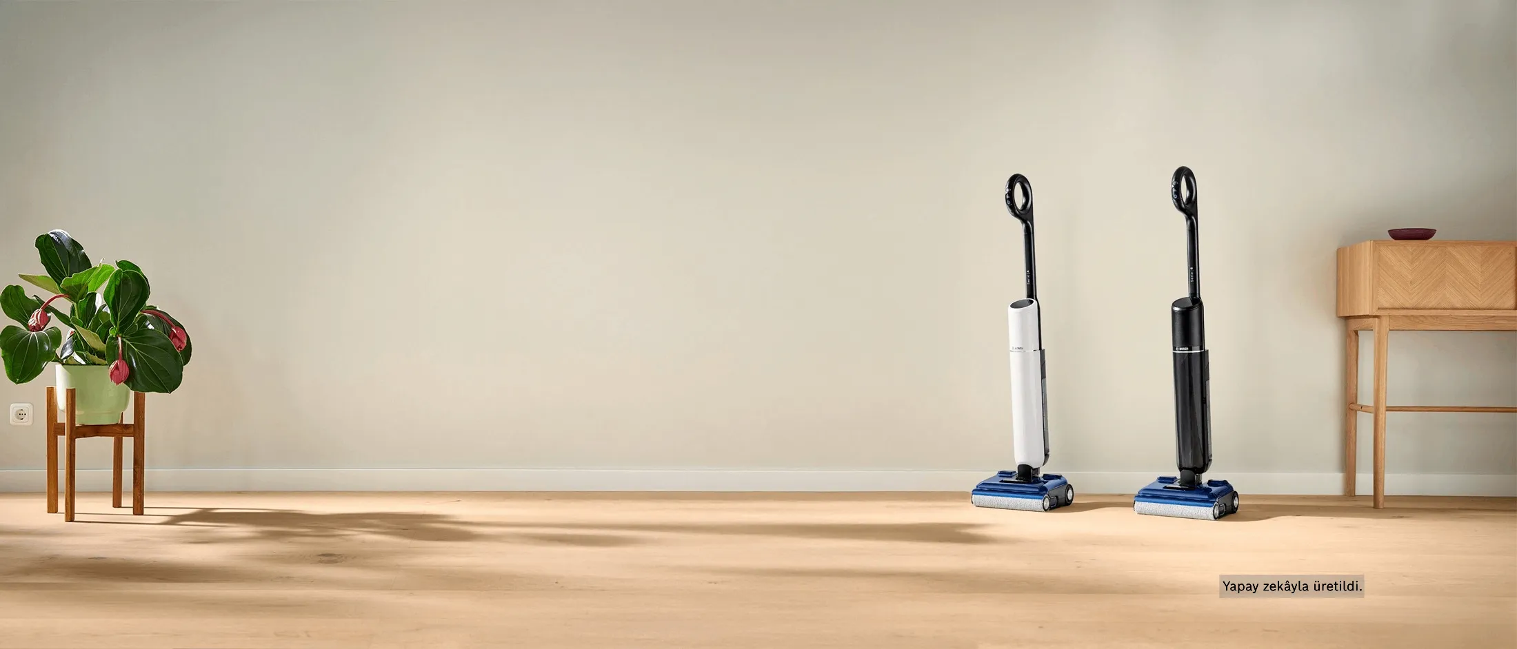 The Bosch Floor Washer Series 4 and Series 6 stand next to each other in a living room, with a plant and a side table besides them.The Bosch Floor Washer Series 4 and Series 6 stand next to each other in a living room, with a plant and a side table besides them.