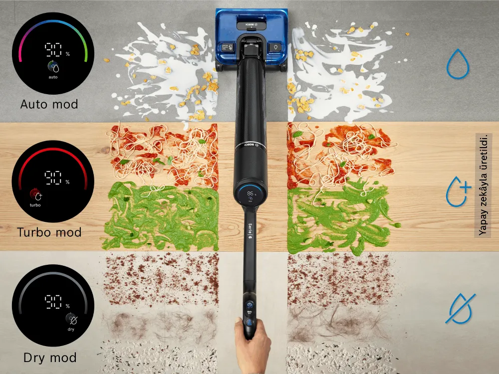 An infographic with various types of spills and dirt shows how the Bosch Floor Washer can switch between modes to clean.