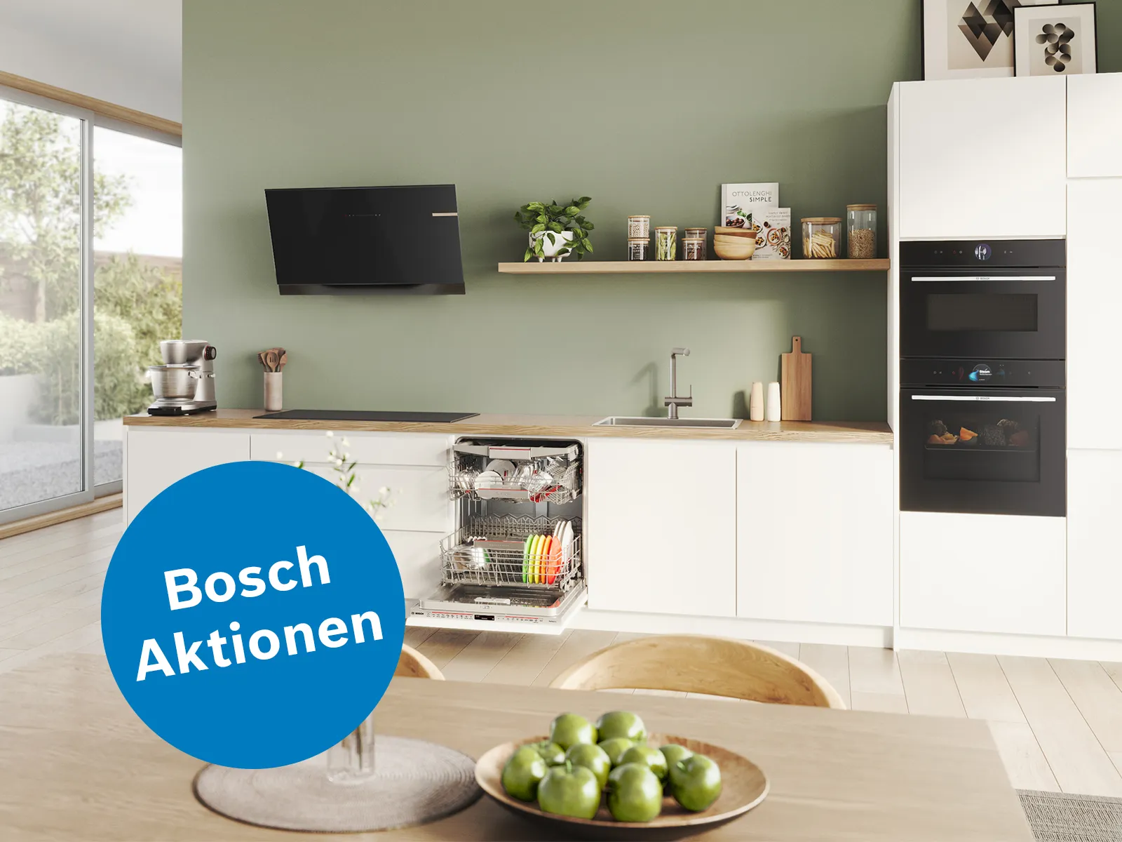 Modernes Wohnzimmer mit Bosch-Aktionen-Schild, Fernseher, Regalen und Möbeln.