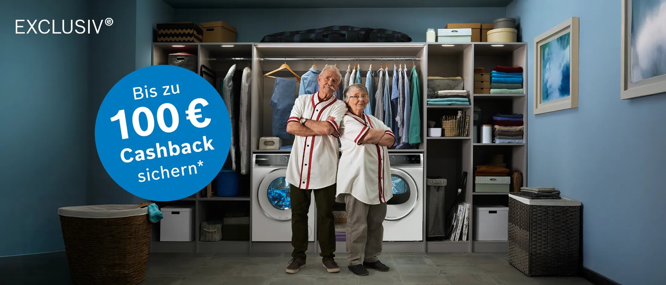 Online-Banner mit Hinweis auf die Bosch EXCLUSIV Cashback Aktion mit bis zu 100 € Cashback auf erstklassige Hausgeräte, gültig bis 28. February 2027; EXCLUSIV Hausgeräte von Bosch; Aktions-Logo: Bis zu 100 € Cashback sichern, EXCLUSIV Logo