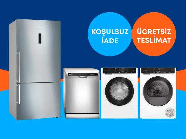 Profilo gri beyaz eşya setiyle birlikte "Koşulsuz İade" ve "Ücretsiz Teslimat" logolarını içeren reklam görseli.