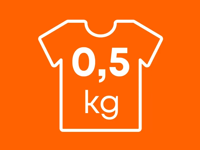 Turuncu arka plan üzerinde, beyaz bir tişört simgesinin içinde "0,5 kg" yazısı.