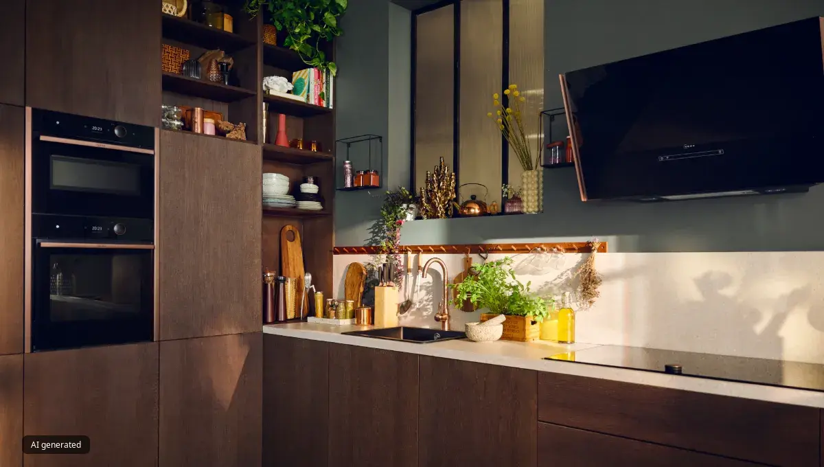 Cozy modern kitchen with wooden cabinets, appliances, and decorative plants.