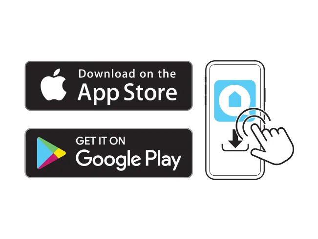 App Store ve Google Play indirme düğmeleri ile bir akıllı telefona indirilen bir uygulama simgesi gösteriliyor.
