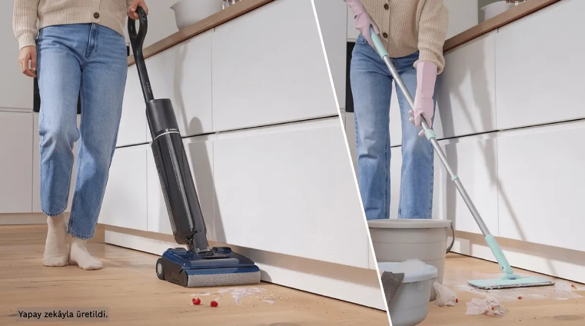 Split image comparing a Bosch floor washer easily cleaning a mess to a person using a traditional mop and bucket.