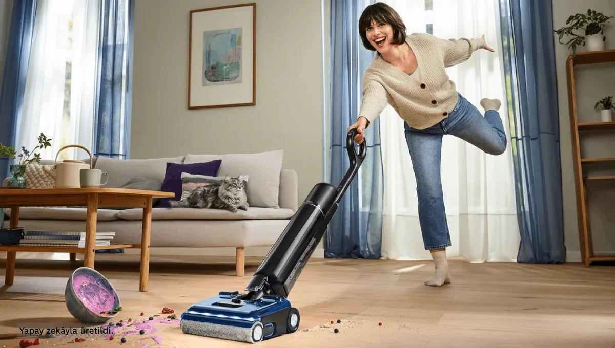A happy woman easily cleans a large, colorful spill from a wooden floor using the Bosch floor washer in a living room.