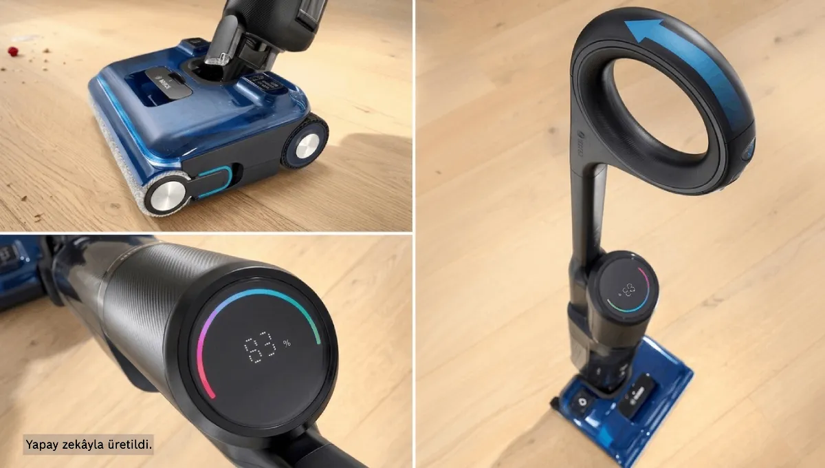 Collage of the Bosch floor washer, highlighting its cleaning head, the digital display, and the ergonomic handle design.