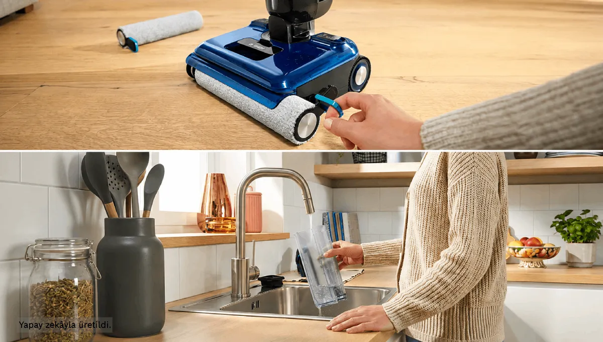 Split image showing the easy maintenance, with a hand removing the roller brush and a person refilling the water tank.