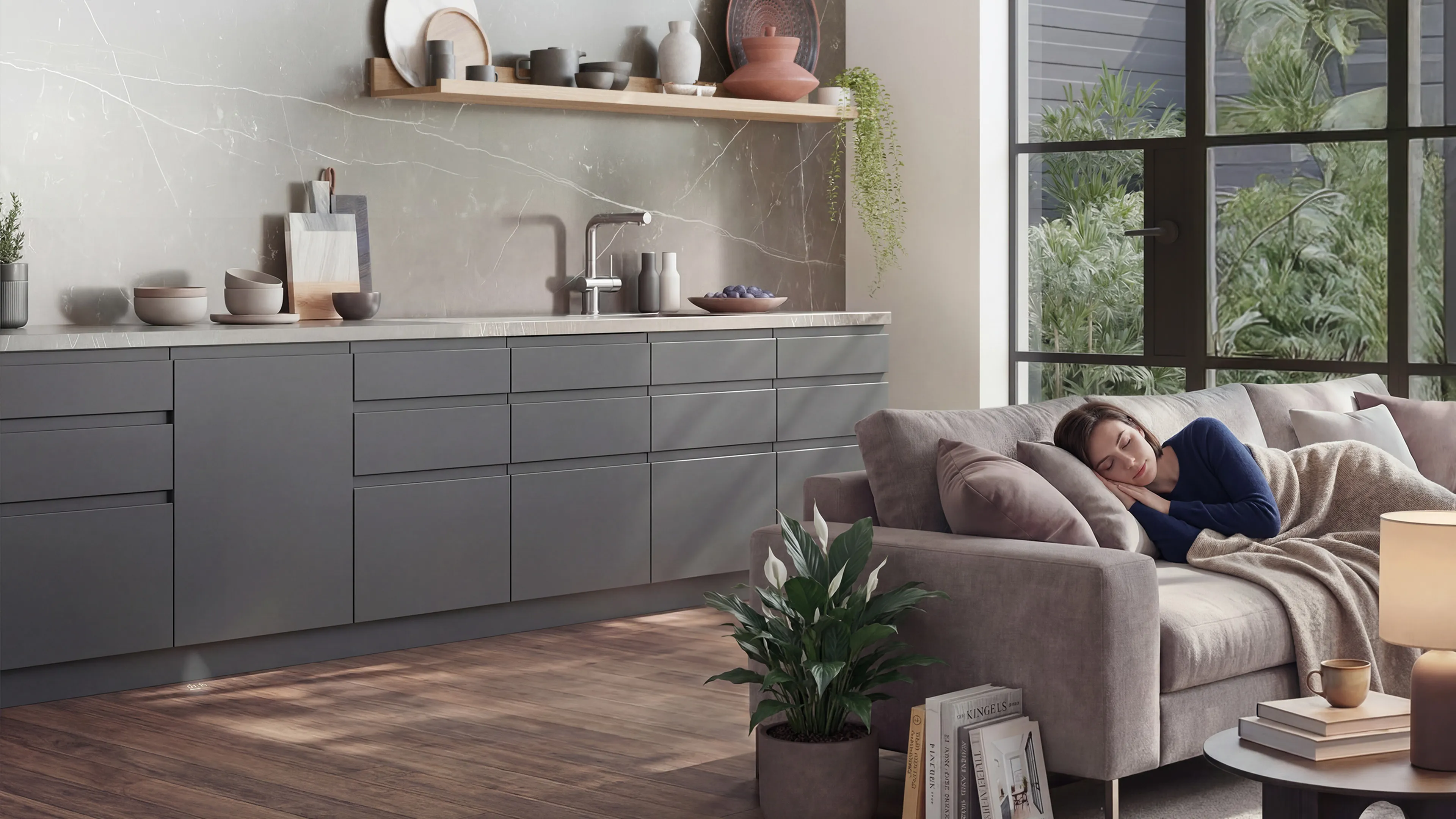 Eine Wohnküche. Es ist ein Sofa zu sehen, auf dem eine Frau schläft. Im Hintergrund ist eine Küchenzeile mit einem Einbau Geschirrspüler.