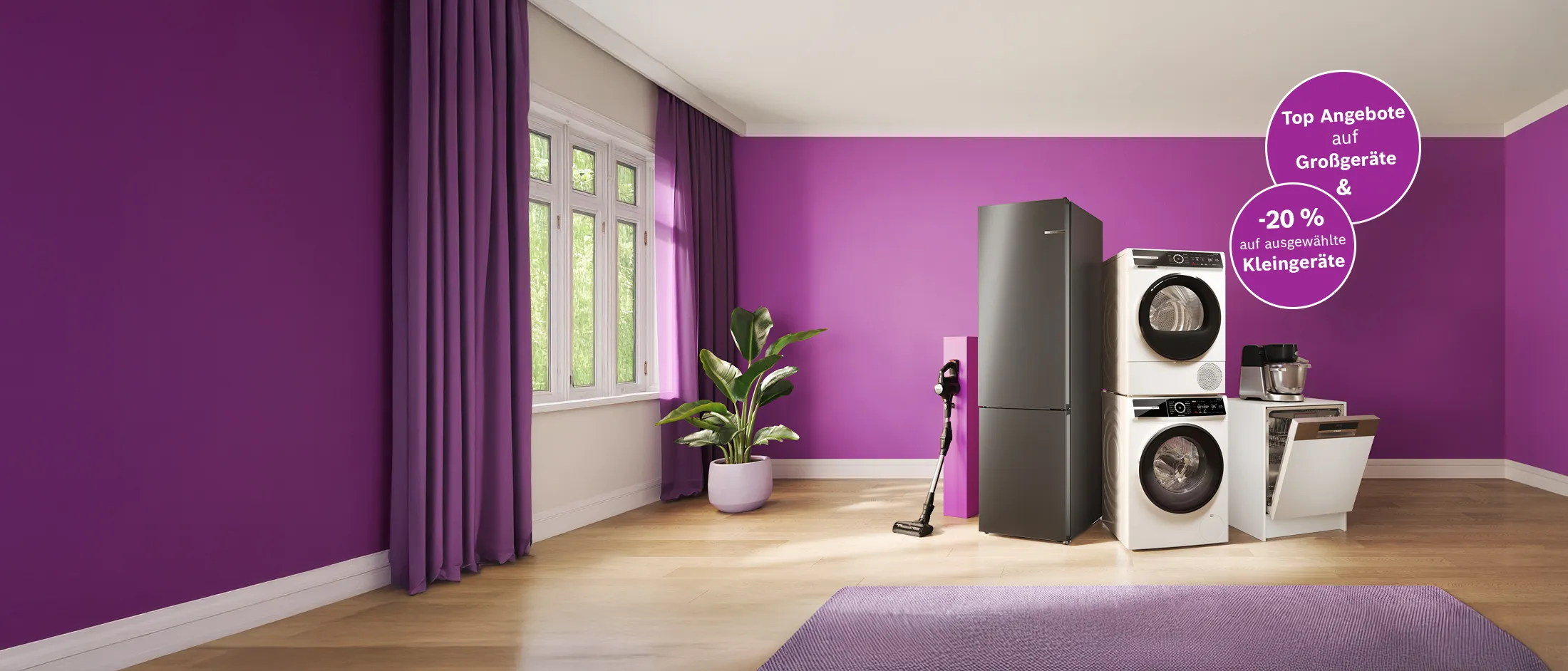 Silberfarbener Kühlschrank, gestapelte Waschmaschine und Trockner, geöffneter Geschirrspüler, Küchenmaschine und kabelloser Staubsauger von Bosch vor einer violetten Wand mit dem Schriftzug „BOSCH DAYS“. Rechts oben weist ein violetter Kreis auf Top Angebote auf Großgeräte und 20 % Rabatt auf ausgewählte Kleingeräte hin.