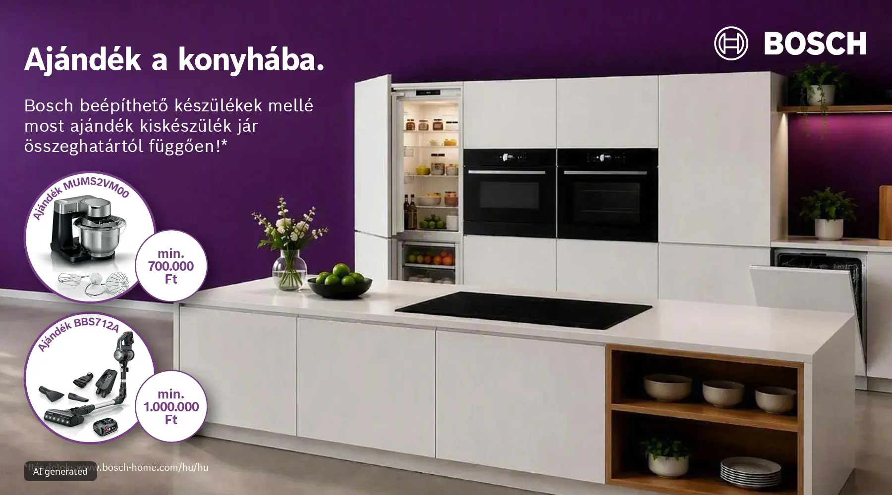 A képen egy gyönyörű, letisztult konyha látható Bosch készülékekkel, és rajta a lehetséges ajándékokkal.