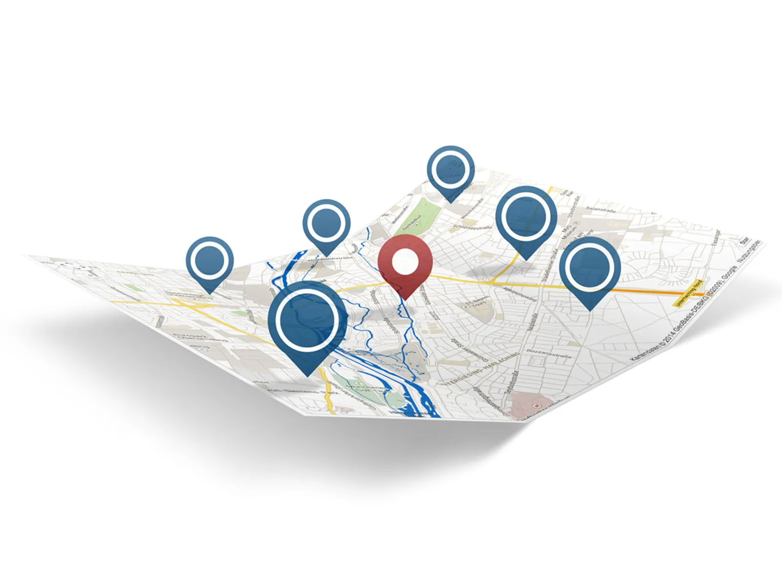 Carte pliante en 3D avec plusieurs repères bleus et un repère central rouge marquant divers lieux d'intérêt.
